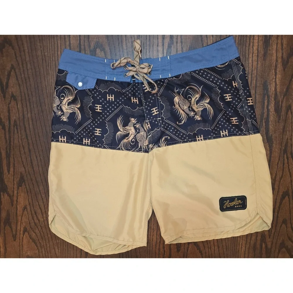 Howler Bros Men Rooster Print Board Shorts Size 33 Tan Blue swim trunks shorts